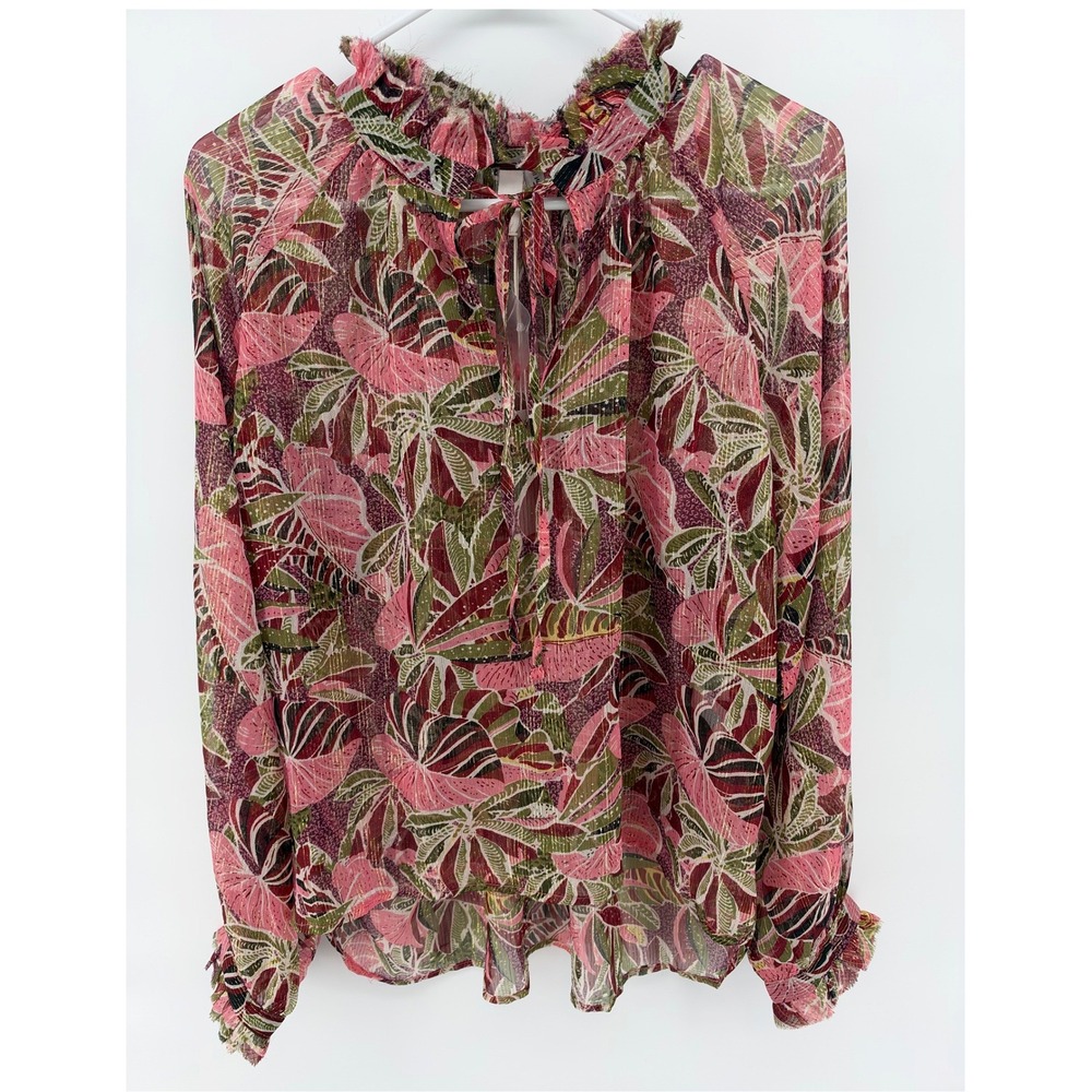 Elan Sheer Monstera Leaf Blouse Pink Gold Stripe Ruffle Neck Long Sleeve M